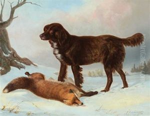 Jagdhund Mit Einem Erlegten Fuchs In Einer Winterlichen Landschaft Jagdhund Mit Einem Erlegten Fuchs In Einer Winterlichen Landschaft