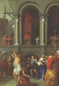 The Beheading Of John The Baptist, With Salome Receiving The Head From Herod On A Gallery Beyond by Bertholet Flemal