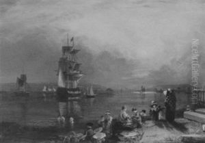 Ladies And Children Bathing With A Merchant Ship And Other Vessels Beyond