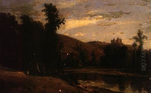 Landschaft Mit Baumbestandenen Weiher Und Burg Auf Einem Hugel by Camille Flers