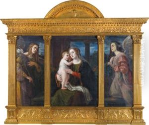 Maria Mit Dem Kinde Von Engeln Angebetet, Triptychon, Mitteltafel Maria Mit Dem Kind, Linke Und Rechte Tafel Anbetende Engel by Luma Von Flesch-Brunningen