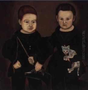 Two Young Boys Wearing Black Jackets With A Dog, Cat And Whip
