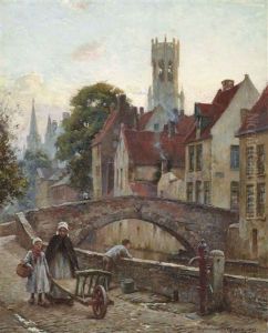 Figures On A Cobbled Street Before A Bridge by Blandford Fletcher
