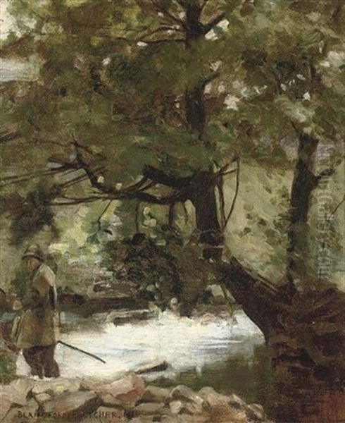 An Angler Beside A Wooded Stream - view 1