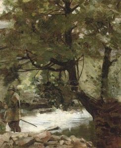 An Angler Beside A Wooded Stream by Blandford Fletcher