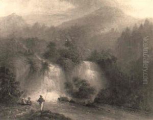 A Mountainous Landscape With Sailors Overlooking A Waterfall by Blandford Fletcher