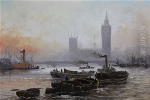 View Of The Palace At Westminster With Tug Boats On The Thames - view 1