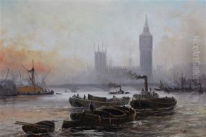 View Of The Palace At Westminster With Tug Boats On The Thames