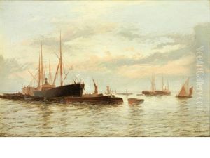 Steamers And Barges Anchored In Open Water by Edward Henry Eugene Fletcher