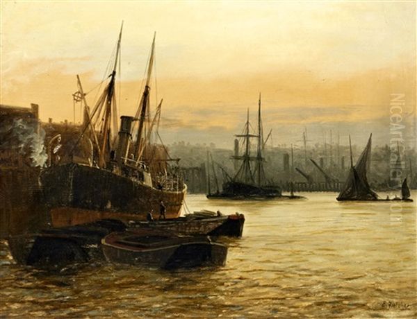 Coal Barges By A Coastal Steamer At A Wharf (+ Haybarge And Steamer Moored In An Estuary, Possibly The Thames Or Medway; Pair) - view 1