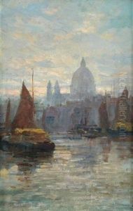 St. Paul's Cathedral, With Shipping On The Thames by Edward Henry Eugene Fletcher