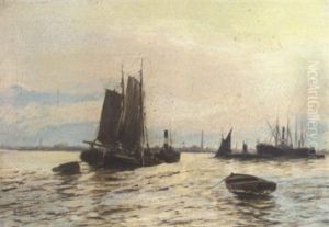 Barges And Tramp Steamers On The River by Edward Henry Eugene Fletcher