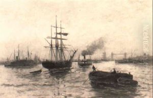 Shipping On The Thames, Tower Bridge Beyond by Edward Henry Eugene Fletcher
