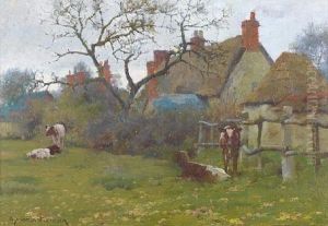 Cattle In A Field Beside A Cottage by William Blandford Fletcher