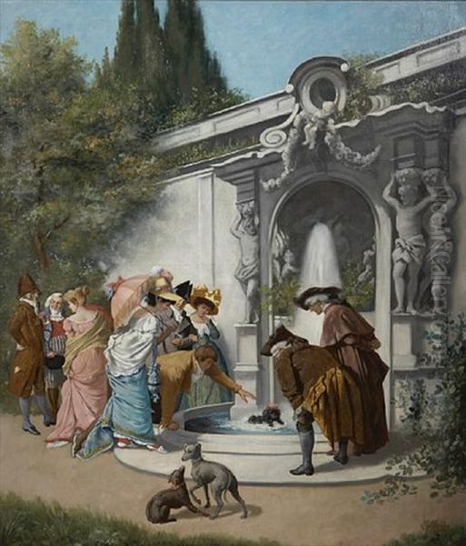 Figures Gathered Around A Garden Fountain - view 1