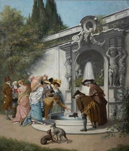 Figures Gathered Around A Garden Fountain by Albert Francois Fleury
