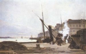 Le Dechargement Du Bateau Au Port Du Havre by Albert Francois Fleury