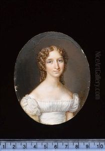 A Lady Wearing A White Dress With Puffed Sleeves, Her Chestnut Hair In Ringlets