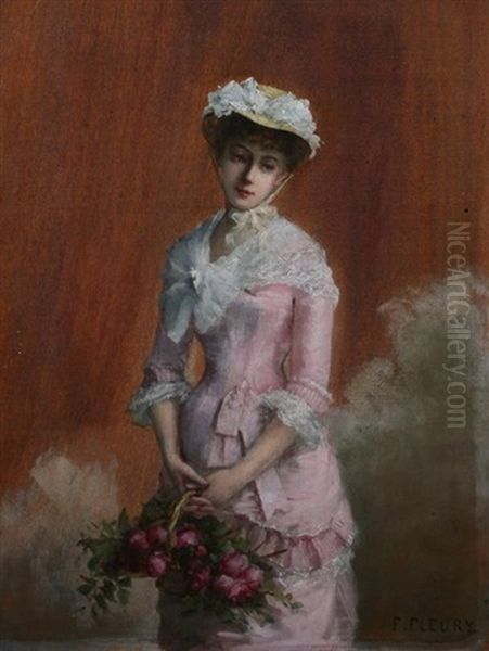 French Beauty In Pink With Basket Of Roses - view 1