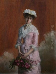 French Beauty In Pink With Basket Of Roses by Fanny Laurent Fleury