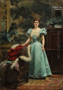 Portrait De Femme En Robe Bleue Dans Son Interieur by Fanny Laurent Fleury