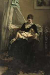 An Elegant Lady In An Interior With Sleeping Child by Fanny Laurent Fleury