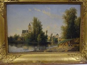Paysage De Bords De Riviere A L'eglise Et Au Pont by Francois-Antoine-Leon Fleury