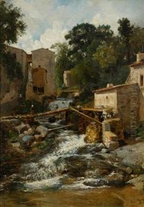 Der Steg Uber Den Wildbach Im Dorf. Normandie by Francois-Antoine-Leon Fleury