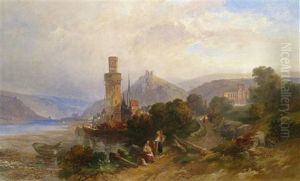 Figures Near A Town On The Rhine by Francois-Antoine-Leon Fleury