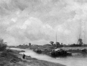 Hollandischer Kanal Mit Lastkahnen Und Schleppern