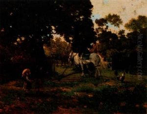 Two Children, Horse, And Rooster In Barnyard