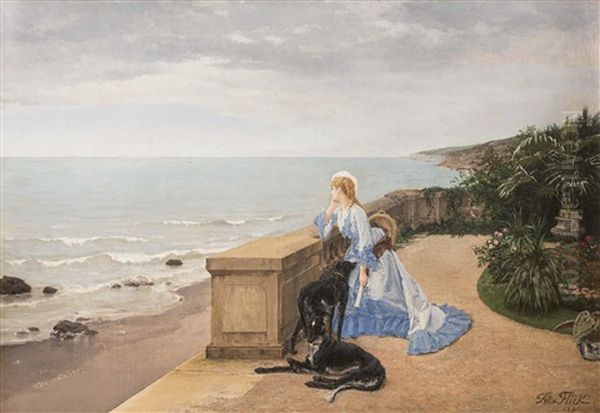 Melancholie - Vornehme Junge Dame Mit Ihren Hunden Blickt Von Der Gartenterrasse Auf Das Mittelmeer - view 1