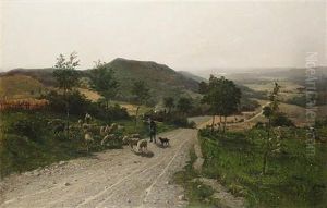 Shepherd And Sheep On A Country Lane by Paul Franz Flickel