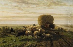 An Einem Hollandischen Kanal Ein Heuwagen Inmitten Einer Schafherde by Helmert Richard Van Der Flier