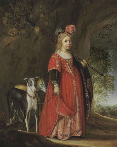 Portrait Of A Young Girl As Diana, In A Glade With Two Greyhounds - view 1