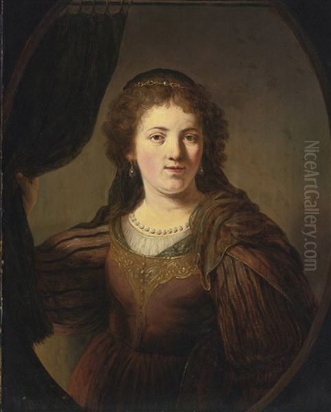 A 'tronie' Of A Young Woman In An Eastern Costume Drawing A Curtain To One Side, In A Painted Oval - view 1