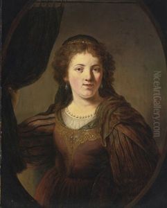A 'tronie' Of A Young Woman In An Eastern Costume Drawing A Curtain To One Side, In A Painted Oval