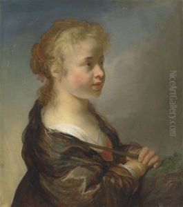 Portrait Of A Girl As A Shepherdess, Half-length, In A Red Dress And Blue Wrap, With A Pearl Headdress