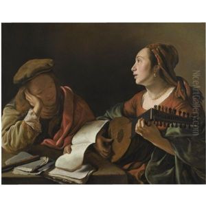 A Young Lady Playing The Lute To A Young Man Reading, Or An Allegory Of Sight And Hearing by Govaert Flinck Cleve