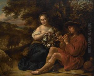 An Elegant Shepherdess Listening To A Shepherd Playing The Recorder In An Arcadian Landschape by Govaert Flinck Cleve