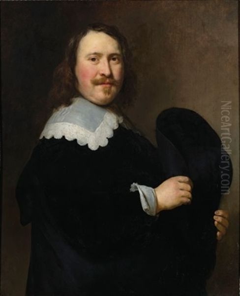 A Portrait Of A Gentleman, Standing Half-length, Turned To The Right, Wearing A Black Coat With A White Lace Collar, Holding His Hat With Both Hands - view 1
