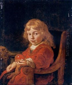 A Vanitas Portrait Of A Young Boy In A Gold-embroidered Red Velvet Gown