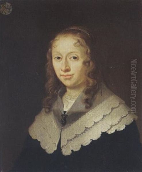 A Portrait Of Cornelia Haring Wearing A Black Dress With Lace Collar, Pearl Jewellery And A Bonnet Adorned With Pearls - view 1