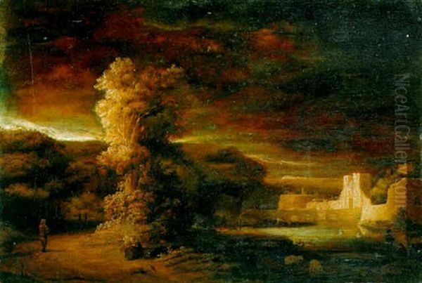 A Moated City Wall At Night - view 1