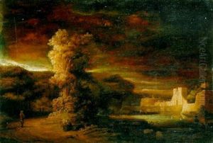 A Moated City Wall At Night