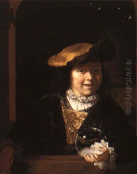 A Young Boy Blowing Bubbles - view 1