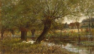 Flusslandschaft Mit Entengruppe Unter Weiden by Saville Lumbley Flint