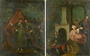 A Venetian Capriccio With An Amorous Couple Drinking Wine (+ Couple Outside A Tent; Pair) by Joseph Charles Giuseppe Flipart