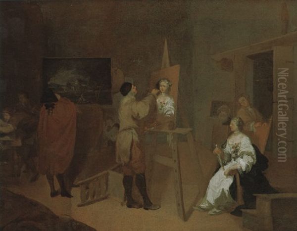 Blick In Das Atelier Eines Malers Mit Dem Kunstler, Der Eine Dame Portratiert Und Seinen Gehilfen Sowie Einem Eleganten Herrn Mit Dreispitz - view 1