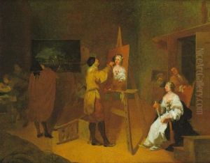 Atelier Eines Malers Der Eine Dame Portratiert, Seinem Gehilfen Sowie Einem Eleganten Herrn Mit Dreispitz, Der Ein Gemalde Betrachtet